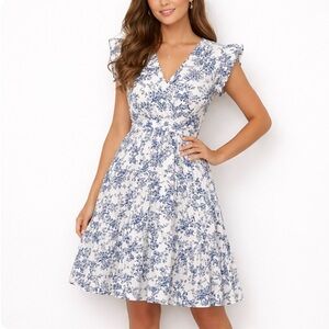 Taylor French Blue & White Romantic Floral Fit & Flare Knee Length Ruffle Dress